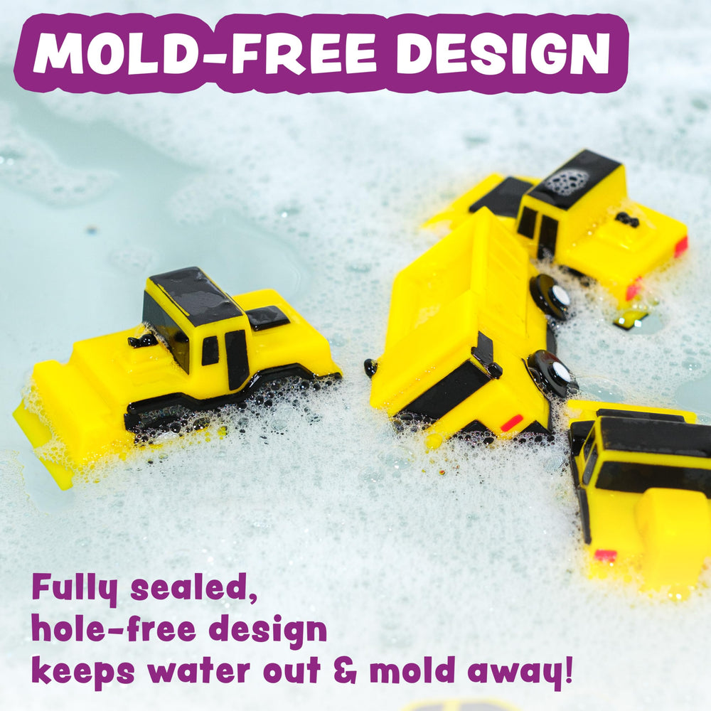 Tub Works Backhoe no-hole toy; durable squeeze-friendly bath time.