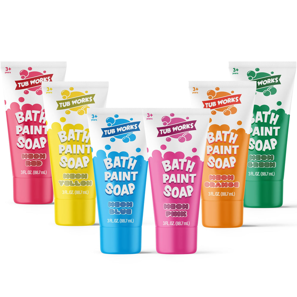 Tub Works neon bath paint tubes on tub wall for creative play