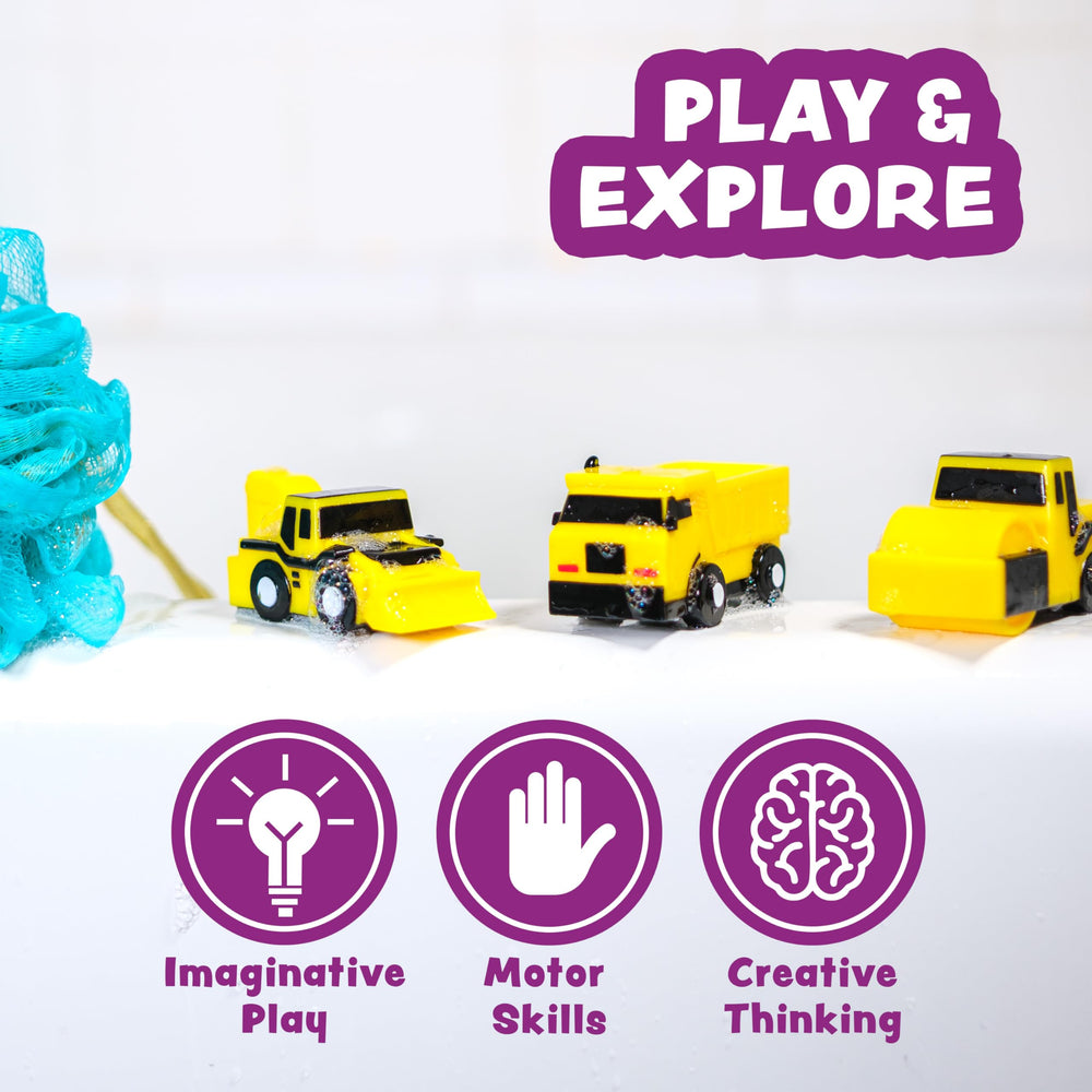 Tub Works Excavator no-hole toy; squeezable texture for bath adventures.