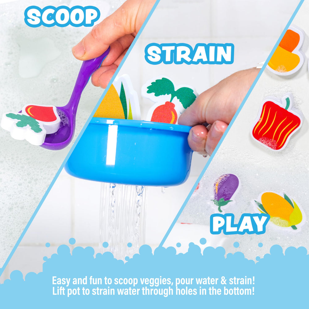 Tub Works foam veggies float, inviting imaginative bath play
