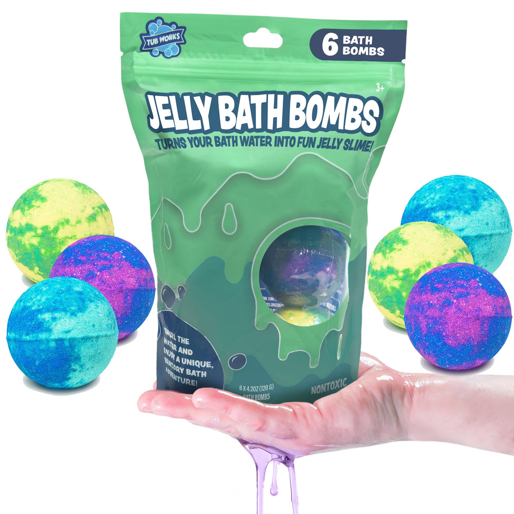 Tub Works jelly bath slime bombs pack adds colorful sensory bath fun.