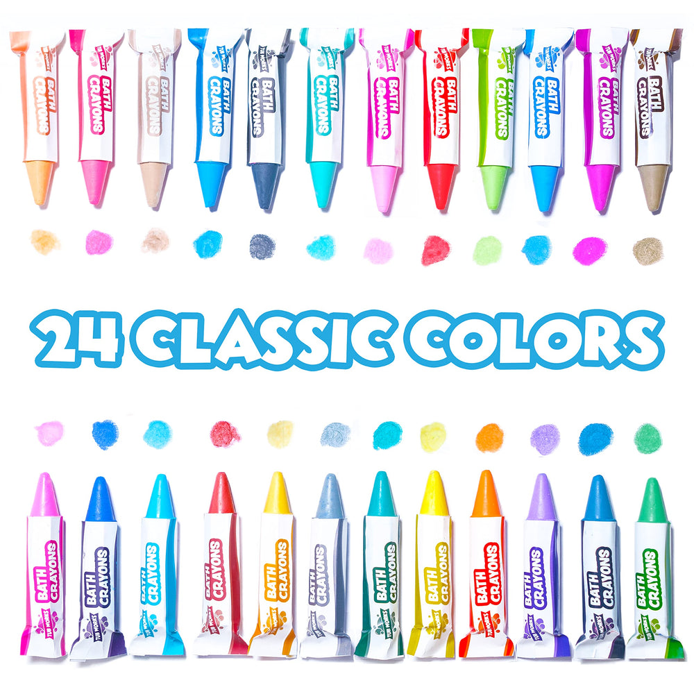 Tub Works Smooth Bath Crayons 24-pack on tub wall demonstrating washable, vivid color