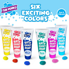 Tub Works teal bath paint on tub wall helps kids learn colors while playing