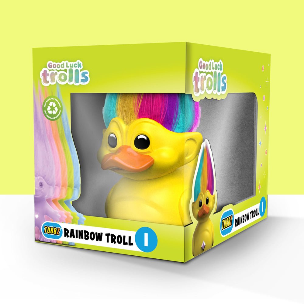 TUBBZ Rainbow Troll display-ready set, part of a collectible fantasy series.