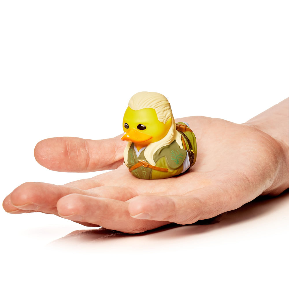 TUBBZ Legolas cosplaying duck outside mini bathtub for desk display.
