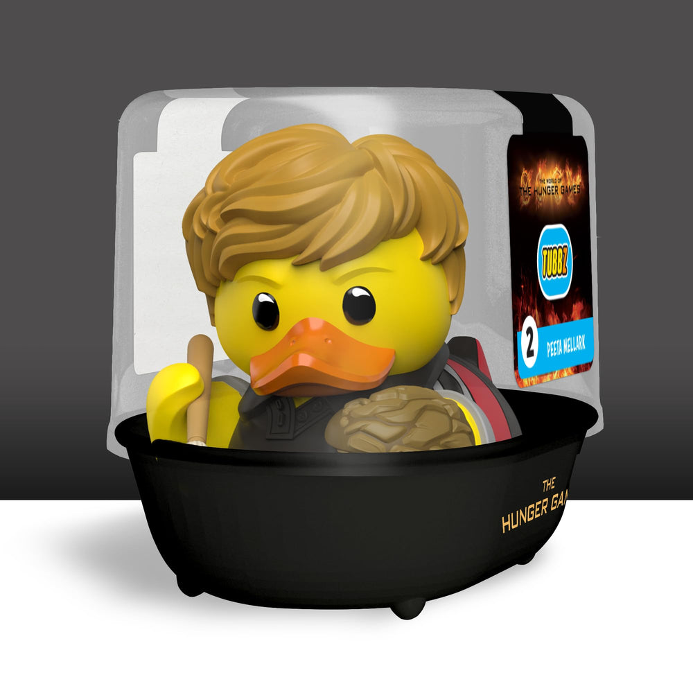 Peeta Mellark duck with Hunger Games logo on display case boosts collectibility
