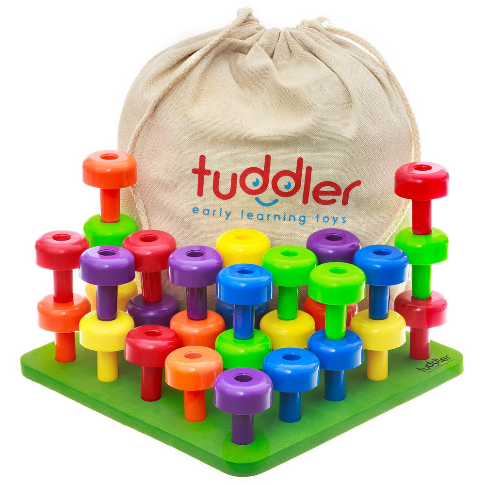 Tuddler Toddler Peg Board with colorful pegs supports fine motor skills and pattern learning.