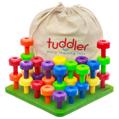 Tuddler Toddler Peg Board with colorful pegs supports fine motor skills and pattern learning.