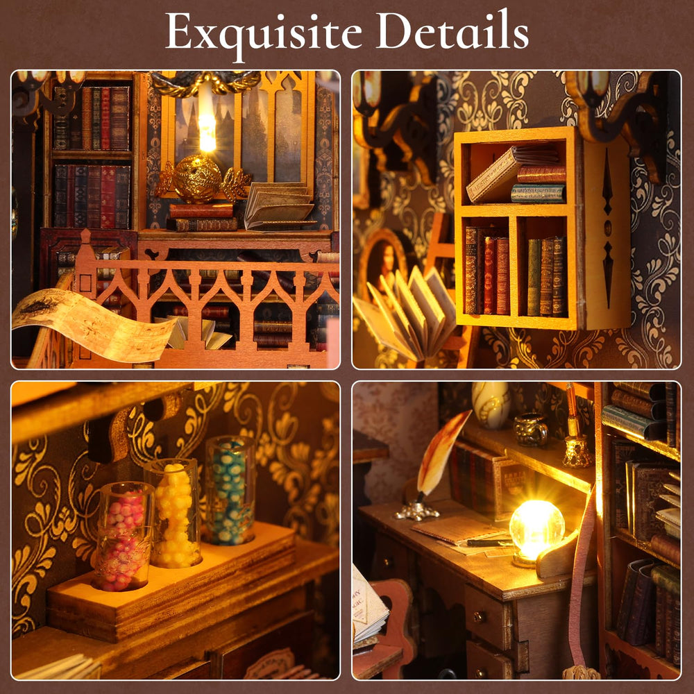 TuKIIE DIY Book Nook miniature library creates a cozy shelf scene.