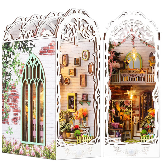 TuKIIE DIY Book Nook Flower House Kit assembly for a cozy shelf display
