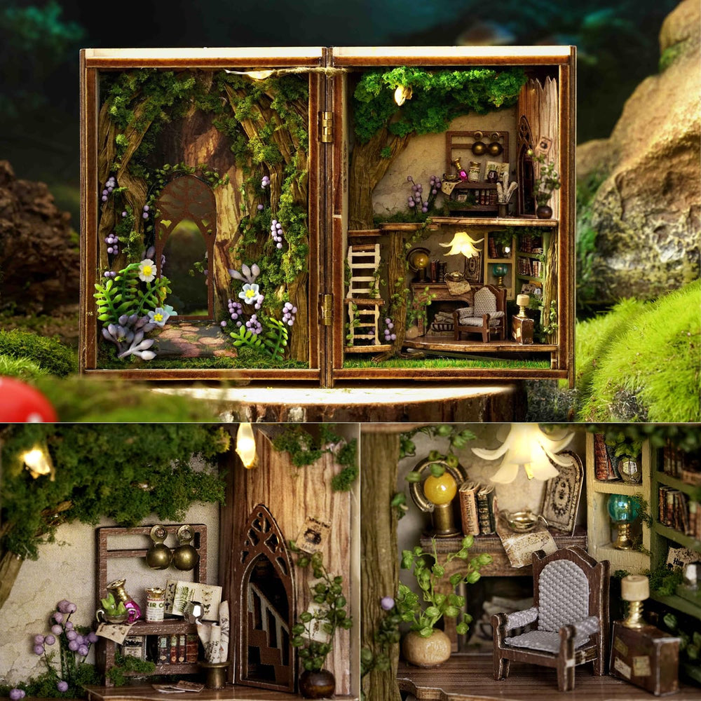 Whimsical log cabins, flowers, and vines for a cozy room corner.
