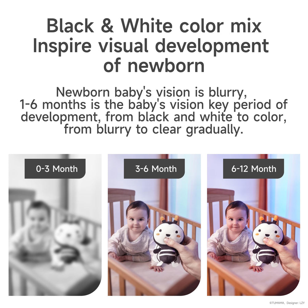 TUMAMA Kids black and white bee rattle captures attention and encourages grasping.