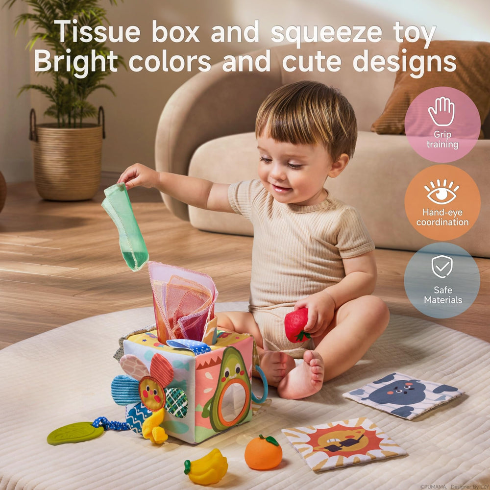 TUMAMA Kids cloth tissue cards promote fine motor skills through pull-out play