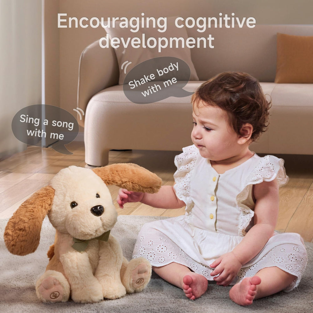 TUMAMA KIDS cuddly soft dog toy encouraging gentle cuddles and imaginative play.