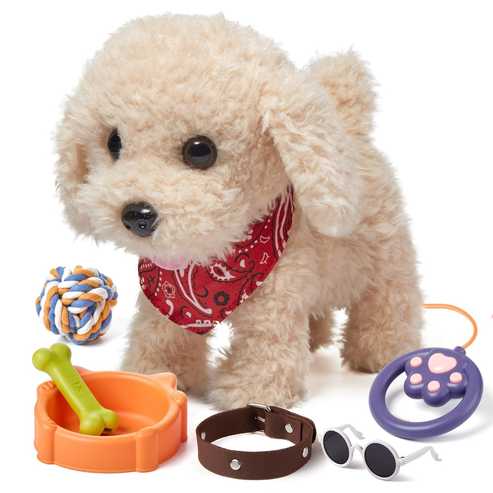 TUMAMA KIDS remote control plush puppy walks beside children, encouraging active play.