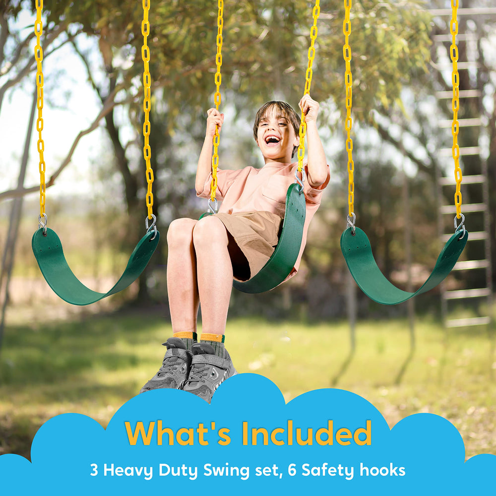TURFEE backyard swing setup shown on trees and play areas.