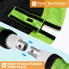 Included straps and carabiners simplify hanging on trees or swing sets