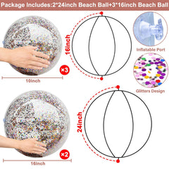 TURNMEON 5pc set 24-inch glitter beach ball close-up showing sequins.