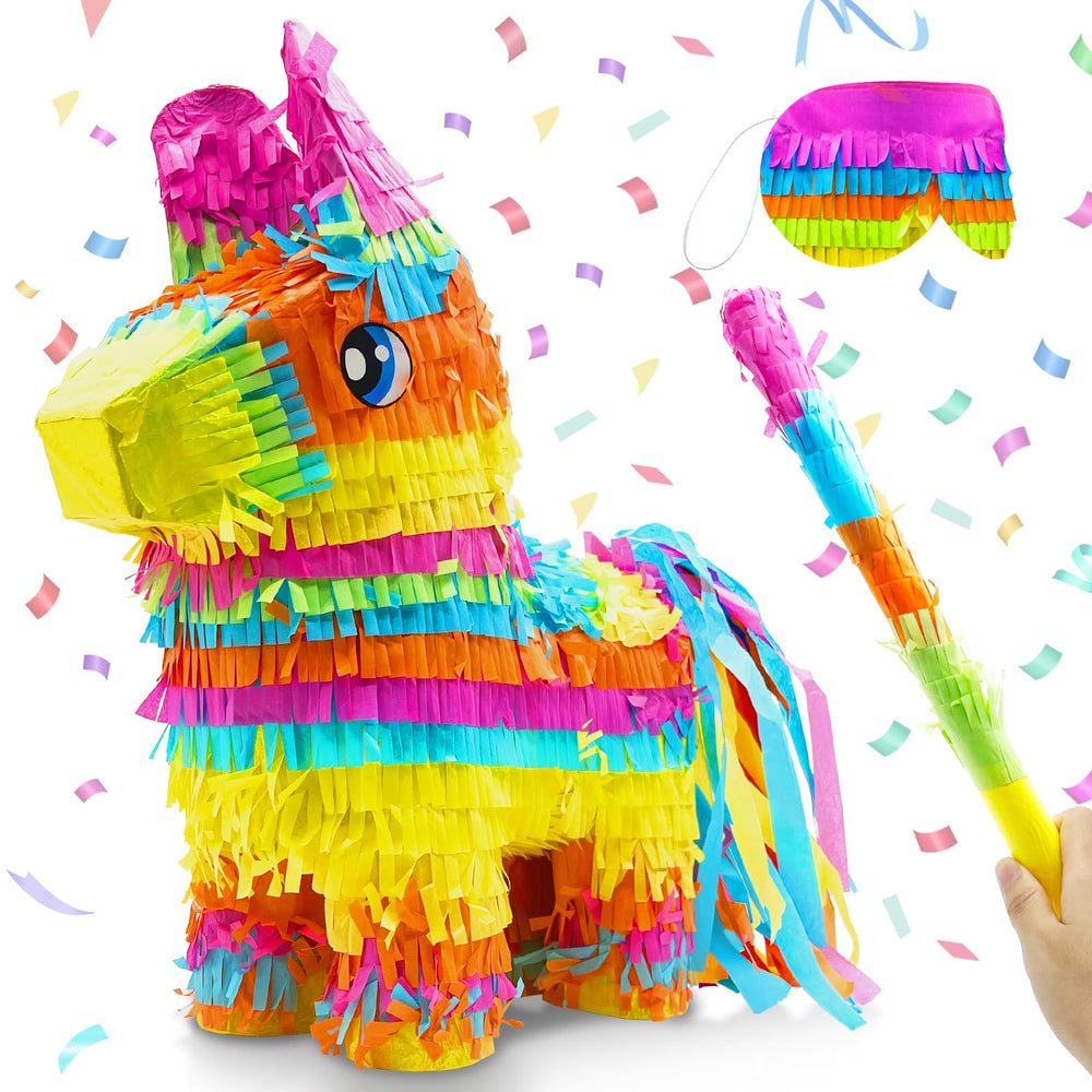Turnmeon large rainbow donkey pinata, 16 inch, colorful centerpiece for fiestas and photos.