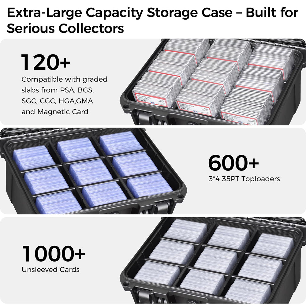 Interior supports magnetic holders and top loaders securely