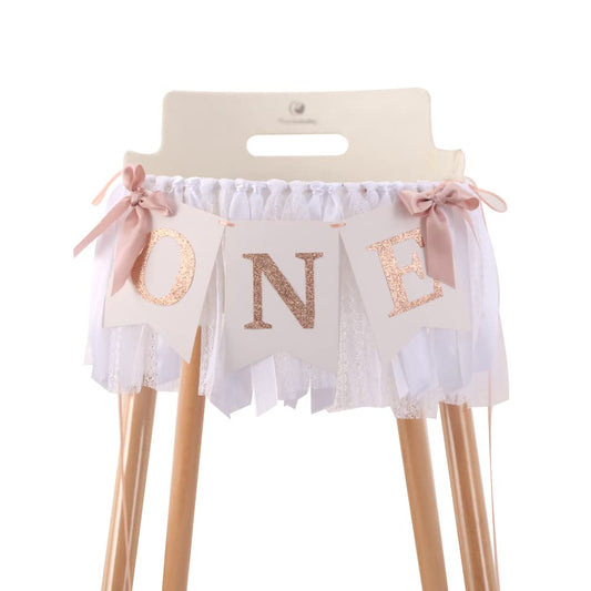 Tutotu rose gold blush white banner highchair, chic centerpiece for a 1st birthday