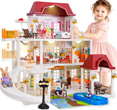 TUZT doll house exterior shows a spacious 3-story design inviting imaginative play