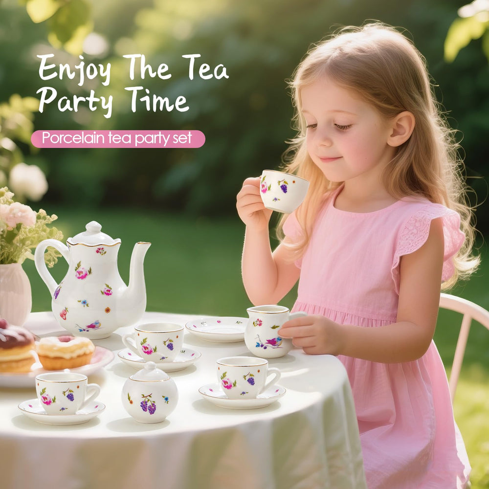 TUZT cups and saucers featuring floral patterns and golden rims for elegant pretend play.