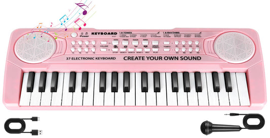 TWFRIC Kids Piano 37-key pink front view, compact and portable for learning
