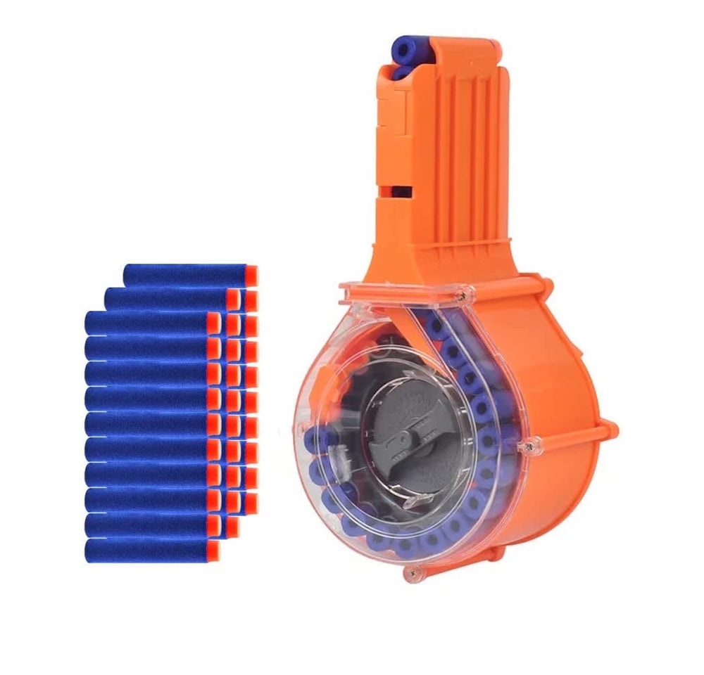 Twiddler Toys 25-round drum attached to Nerf N-Strike for quick reloads.