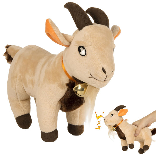 Twiddler Toys Screaming Goat plush on a desk for playful pranks.