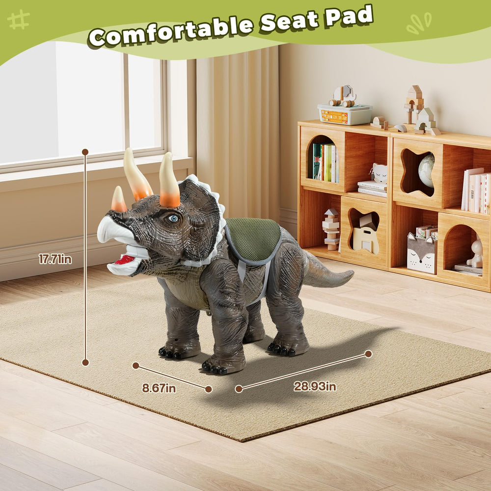 Twinkoo dinosaur ride-on car side view highlighting safe, ergonomic design for easy mounting
