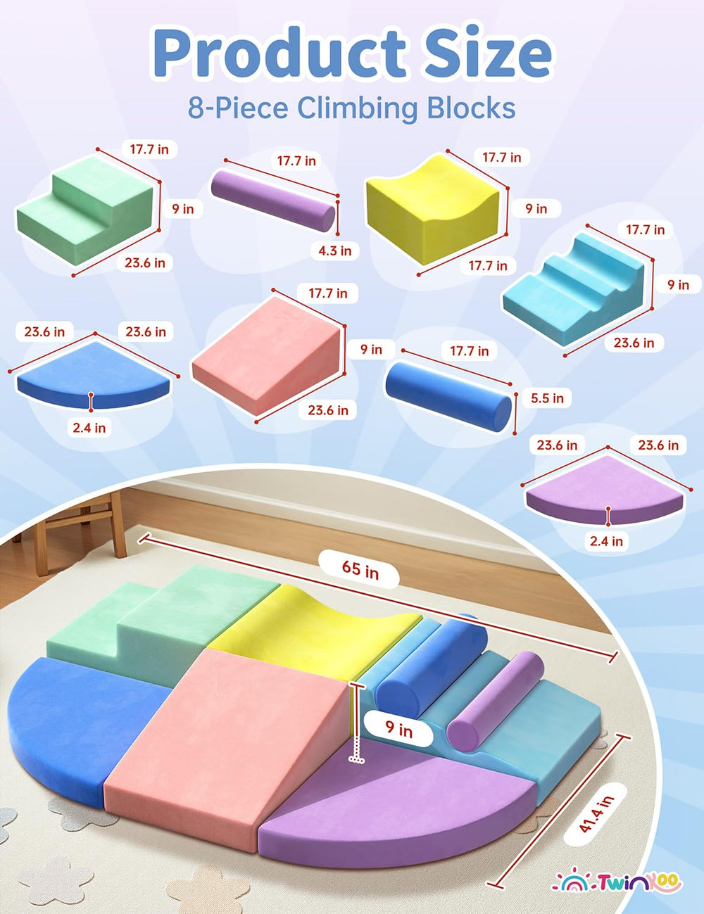 Twinkoo extralarge soft climbing blocks with colorful panels for color recognition.