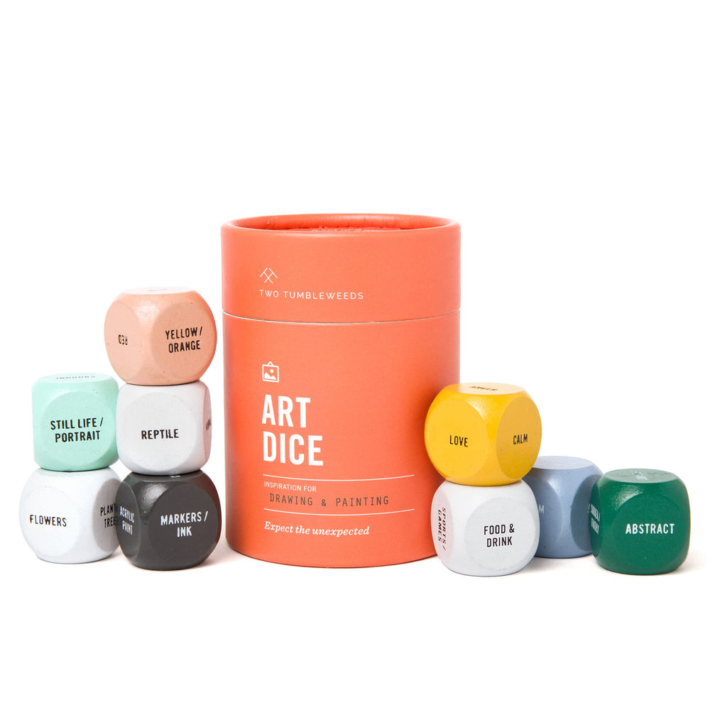 Two Tumbleweeds Art Dice feature durable wood and clear text