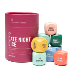 Two Tumbleweeds Date Night Dice setup with color-coded categories for planning