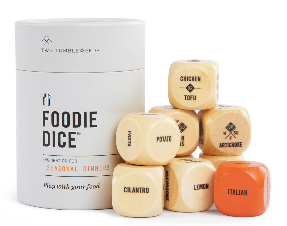 Two Tumbleweeds Foodie Dice in a reusable tube for quick, creative meals.