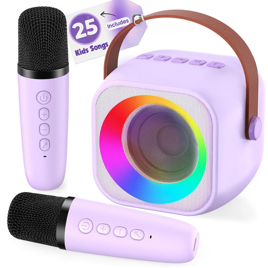 Two3Sevens mini karaoke machine with wireless mics for duet-style fun.