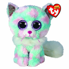 Ty Beanie Boo Opal cat in green and pink fur, a cuddly travel companion.