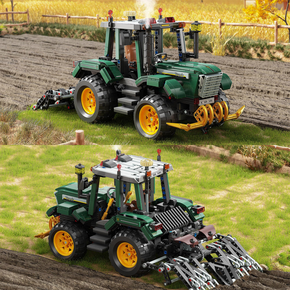 TYCOLE Farm Tractor Building Set hood-open reveals internal mechanisms for exploration.