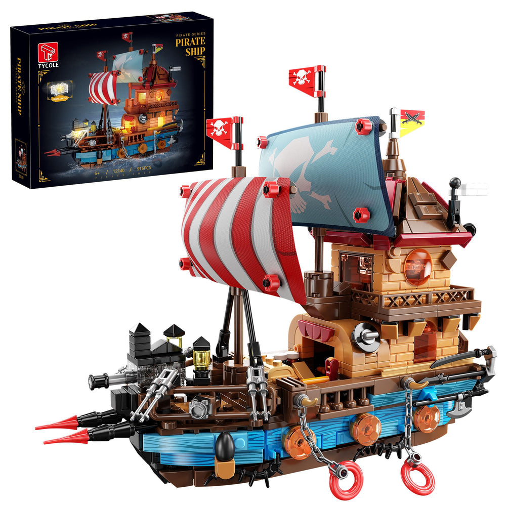 TYCOLE pirate ship building kit box shows contents for easy unboxing and starting building