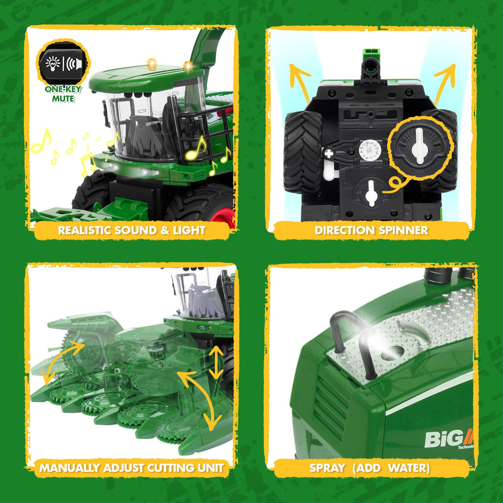 Uarzt RC harvester toy side view showing interchangeable harvesting heads for versatility