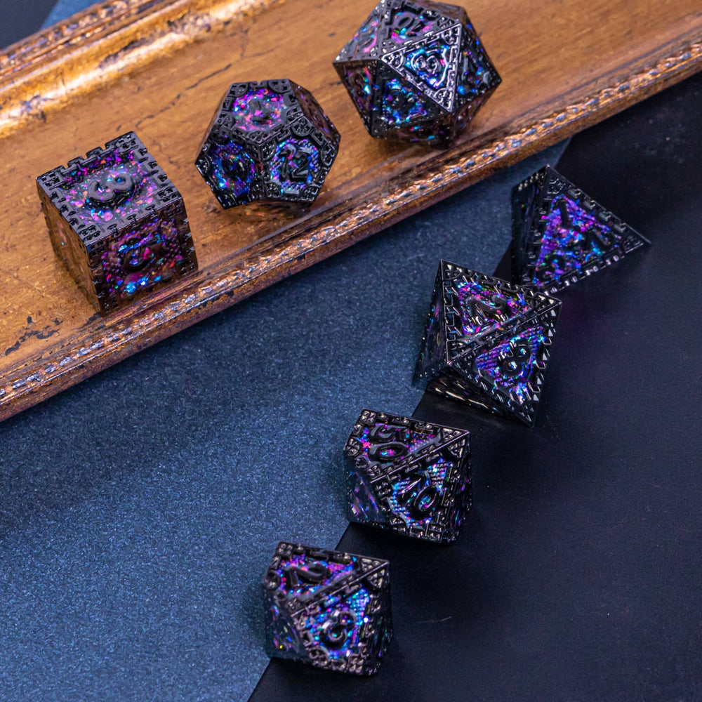 UDIXI metal DND dice with D10 purple sequins for precise, easy-to-read results.