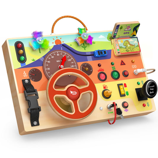 UdoUto Montessori Busy Board with steering wheel promotes fine motor skills through interactive play.