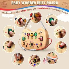 UdoUto portable wooden busy board designed for travel and on-the-go use.