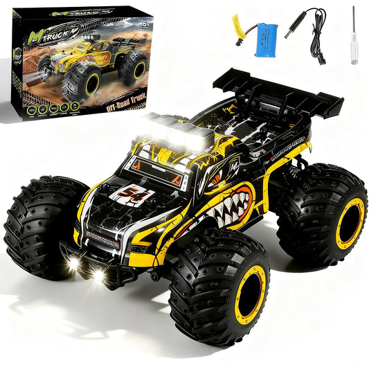 Ufilni remote control monster truck with dino beast graphics and LED headlights for night visibility.