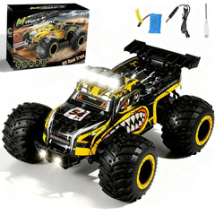 Ufilni remote control monster truck with dino beast graphics and LED headlights for night visibility.