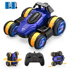 UFOLED RC stunt car blue performing 360-degree rotation for fast indoor races