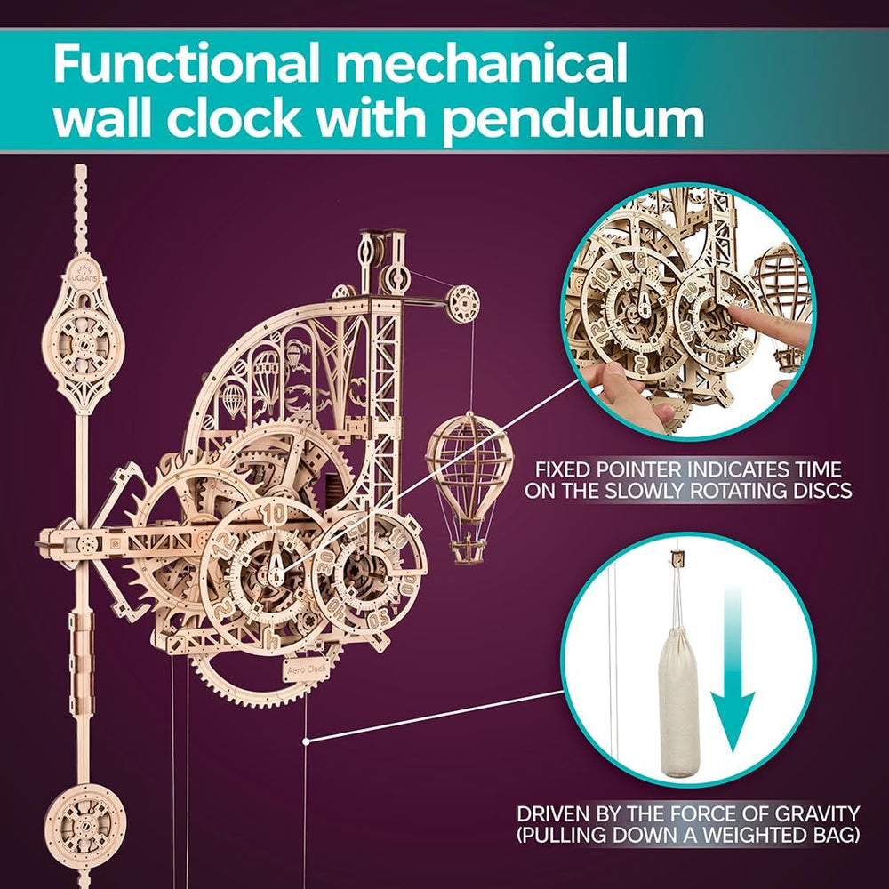 Descending weight bag powering the mechanism in the UGEARS Aero Clock.