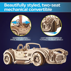 UGEARS Drift Cobra puzzle shows opening doors, hood, and trunk for tactile build.