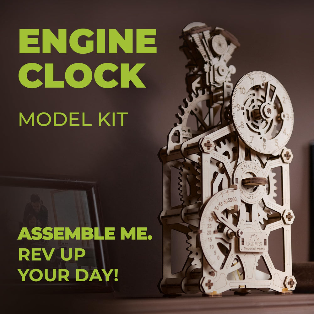UGEARS Engine Clock assembly preview illustrates step-by-step building experience.