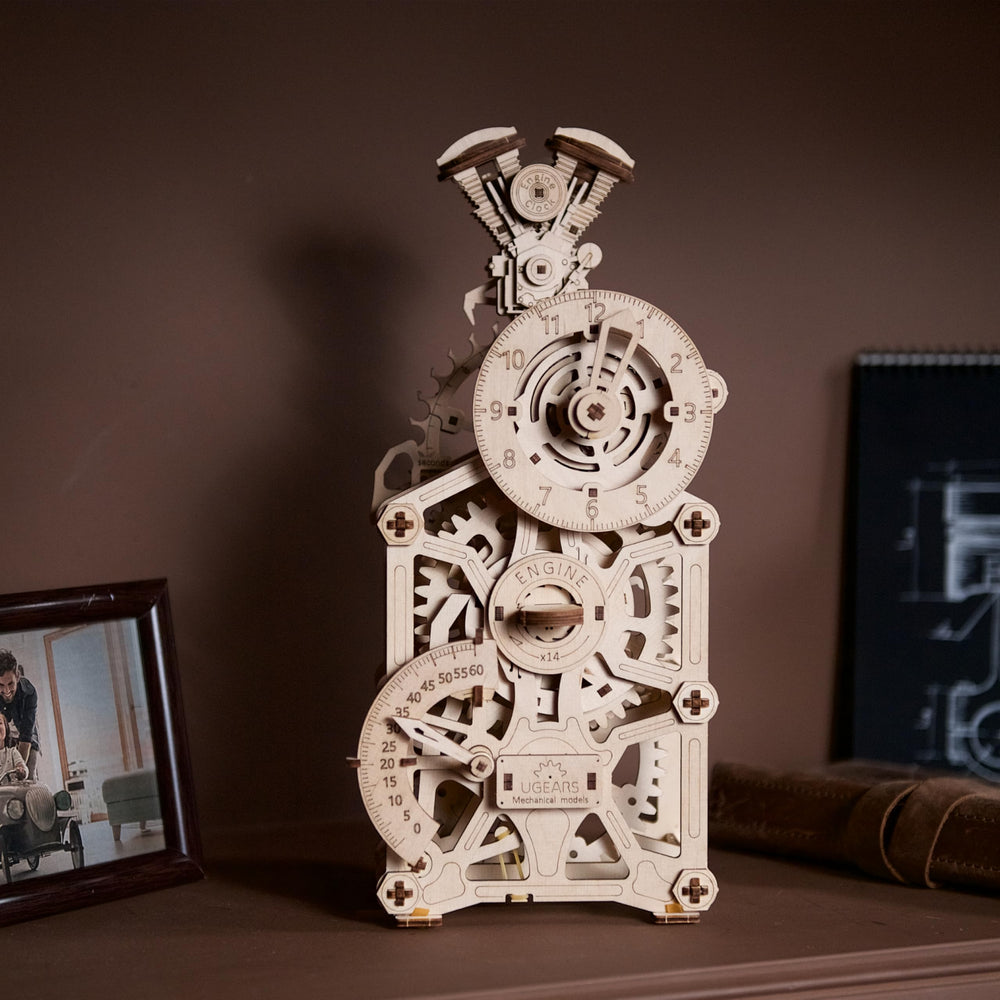UGEARS Engine Clock desk display highlights a sophisticated wooden model for adults.